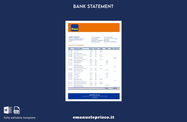 modello Excel di estratto conto bancario Brasile Itau in stile verificato
